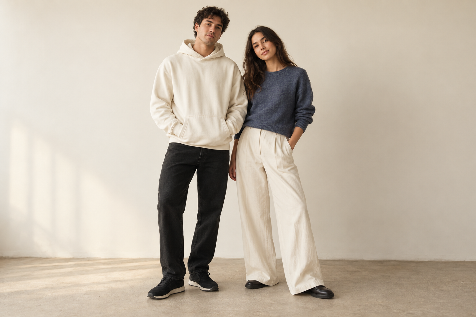 Two AI-generated adult models in relaxed cream, blue and black everyday outfits